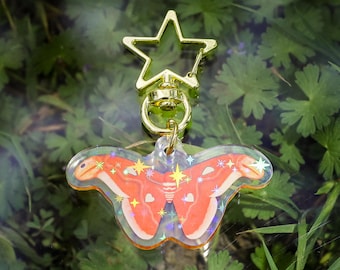 Llavero de polilla Atlas / Charm acrílico holográfico, cierre de estrella, accesorio de insecto celestial