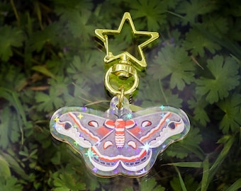 Llavero de polilla Cecropia / Charm acrílico holográfico / Accesorio para bolso con cierre de estrella dorada