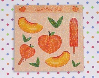 Hoja de pegatinas de color melocotón de 4,5 x 4,5 con laminado holográfico disperso para planificadores y diarios.