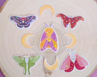 Paquete de pegatinas holográficas de polilla y luna / Pegatinas de vinilo impermeables hechas a mano / Juego de pegatinas lunares celestiales y de brujas