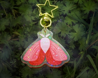 Llavero de polilla rosa / Charm acrílico holográfico, cierre de estrella, accesorio celestial para bolso