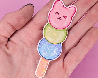 Pegatina holográfica de gato Dango, calcomanía de vinilo Kawaii Mochi Pastel (3 pulgadas)