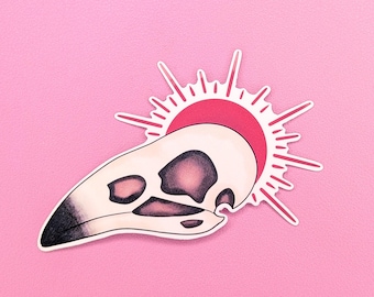 Pegatina de calavera de cuervo con sol rojo – Vinilo gótico de 7,6 cm con diseño celestial y acabado brillante