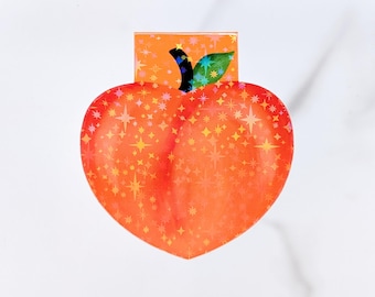 Sparkly Peach Magnetic Bookmark, Holographic Stars, Fruit Page Marker, Planner Accessory