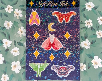 Lámina de pegatinas holográficas de polillas, vinilo impermeable, Luna Celestial, polillas de arce rosadas