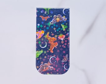 Holographic Celestial Bookmark: Moths, Moons, Stars – Bookish Gift (1x2 inches)