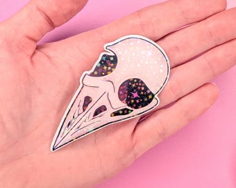 Pegatina holográfica de calavera de cuervo con estrella, calcomanía de vinilo gótico celestial de 7,6 cm para portátiles y botellas de agua.