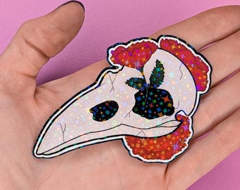 Pegatina floral de calavera de cuervo de 7,6 cm con acabado holográfico de estrella.