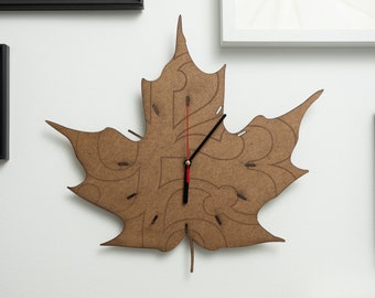 Timeless wall clock ACER NUMERI in the form of maple leaf made of wood