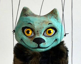 Turquoise cat marionette. Handmade clay puppet 7". Animal that loves hiding, small marionette with fur, wooden controller, strings