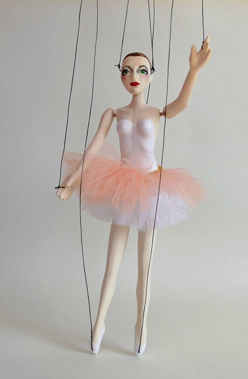 ballet shoes dancing lady Handmade clay puppet 12 pink toto wooden controller Little pink Balerina Marionette strings