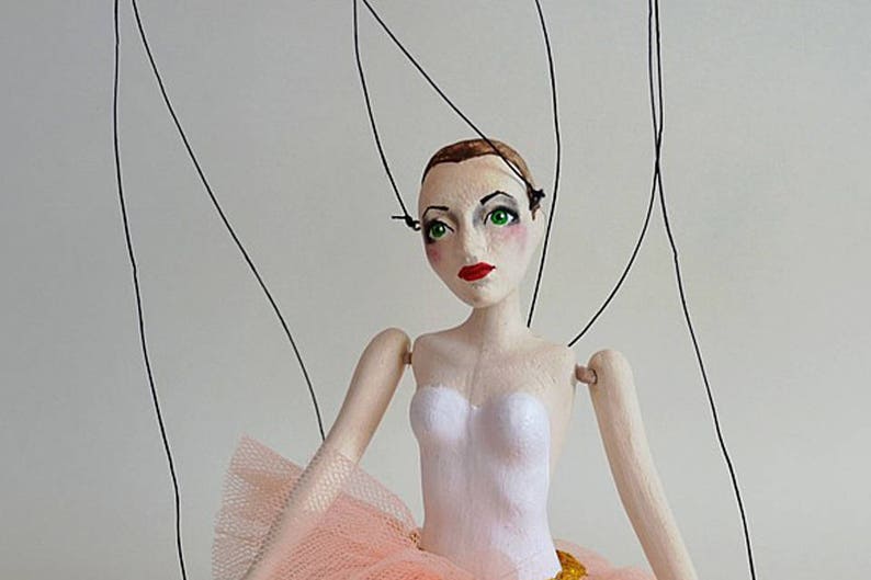 ballet shoes dancing lady Handmade clay puppet 12 pink toto wooden controller Little pink Balerina Marionette strings