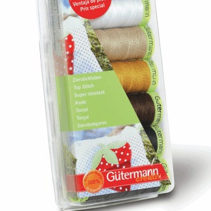 May include: A pack of six spools of Gutermann thread in black, white, beige, gold, brown, and dark brown. The pack includes the text "Preisvorteil Price advantage Prezzo vantaggioso Ventaja de precio Prix special" and "Zierstichfaden Top Stitch Super résistant Asole Torzal Torçal Siersteekgaren".