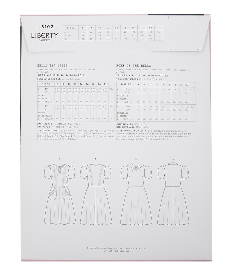 May include: A sewing pattern for a dress with a tea-length skirt and short sleeves. The pattern includes instructions for three different neckline variations. The pattern is printed on a white background with black text and illustrations. The pattern is for sizes 6-22.