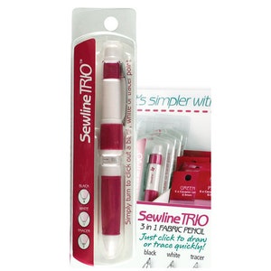 May include: Sewline TRIO 3 in 1 Fabric Pencil, a pink and white retractable pencil with a black, white, and tracer lead. The packaging shows the text "Sewline TRIO" and "3 in 1 Fabric Pencil" with the tagline "Just click to draw or trace quickly!"