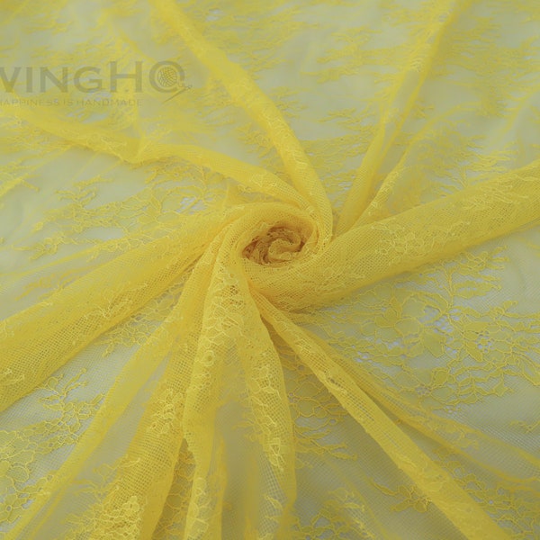 Beautiful Lace Fabric in Yellow French Chantilly Lace, Lightweight Soft Tulle Floral Lace Fabric in United Kingdom (UK)