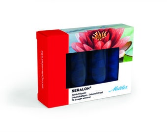 May include: A red box with a picture of a water lily on the front. The box contains two spools of blue thread labeled "Seralon" 100% Polyester Universal Thread. The box is labeled "Mettler".