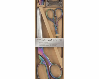 Premium Quality Milwards Scissors Gift Set Dressmaking 21.5cm and Embroidery 9.5cm Thimble & Pins Rainbow Sewing Tools Crafts Supplies