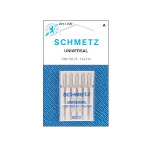 May include: A package of five silver sewing needles in a clear plastic case. The package is labeled "SCHMETZ UNIVERSAL 130/705 H - 15x1 H 80/12".