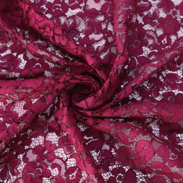 All Over Floral French Lace Lightweight Guipure French Lace Fabric with Scallops in Red Maroon Lace in United Kingdom