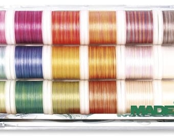 Puede incluir: Una caja de plástico transparente que contiene 16 carretes de hilo de bordar Madeira. Los carretes están dispuestos en cuatro filas de cuatro. Los colores del hilo son una mezcla de tonos claros y oscuros, incluyendo rosa, azul, verde, amarillo y marrón.
