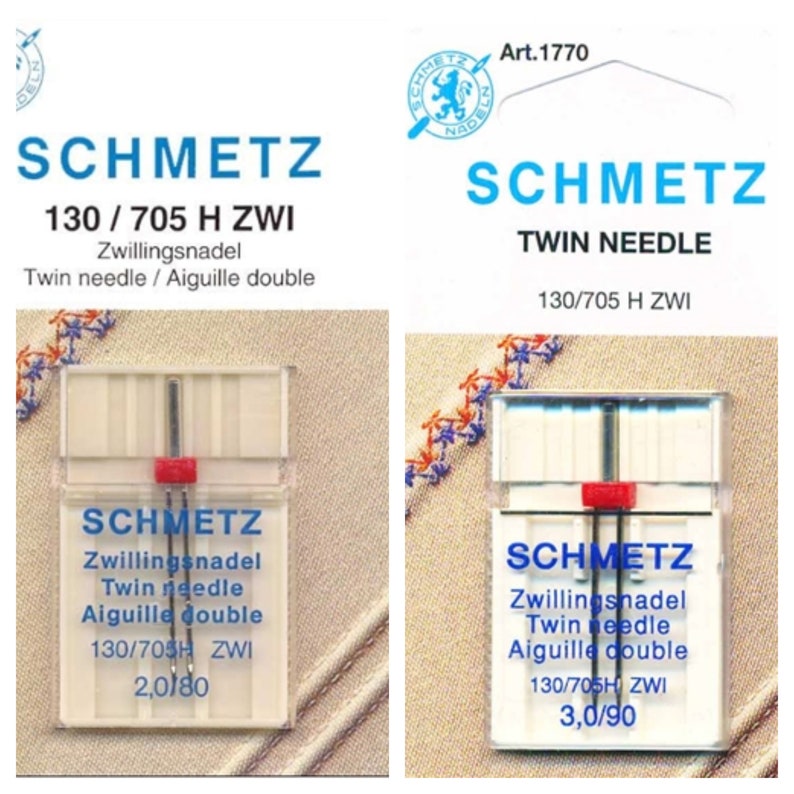 May include: Two packages of Schmetz twin needles, each containing a pair of needles in a clear plastic case. The needles are labeled 130/705 H ZWI and have different sizes: 2.0/80 and 3.0/90.