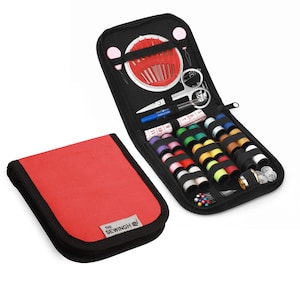 Red Basic Sewing Kit, Compact Travel Pouch, Gift for Mom, 72 Piece Haberdashery Set for Beginners, Home Repairs - The Sewing HQ