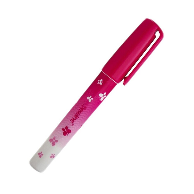 May include: A pink and white pen with a butterfly design and the word "Sewline" printed on the side.