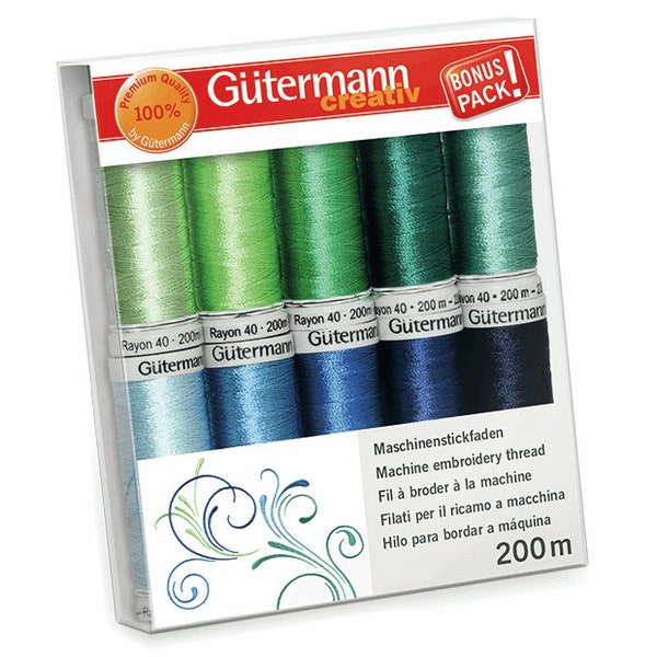 Kit de fils de rayonne à broder Gutermann haut de gamme - Lot de 10 couleurs vertes et bleues assorties Kit de fil de 200 mètres Fournitures pour travaux manuels de broderie