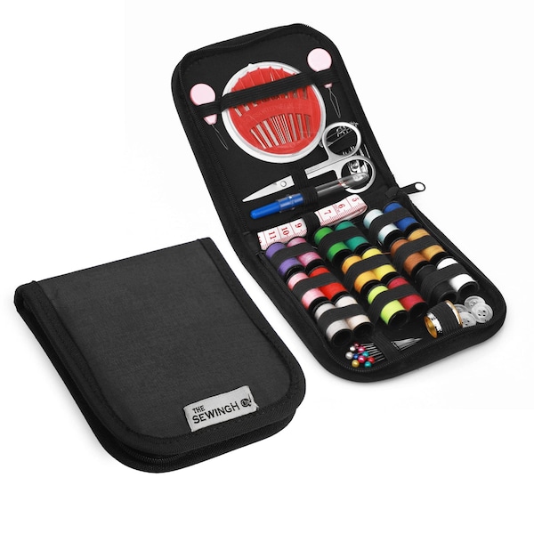 Black Basic Sewing Kit, Compact Travel Pouch, 72 Piece Haberdashery Set for Beginners, Home Repairs - The Sewing HQ