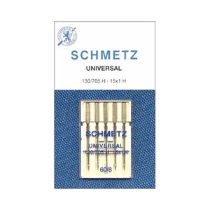 May include: A package of 60/8 size sewing machine needles, labeled "Schmetz Universal 130/705 H - 1.5x1 H". The needles are silver and are packaged in a clear plastic case with a blue background.