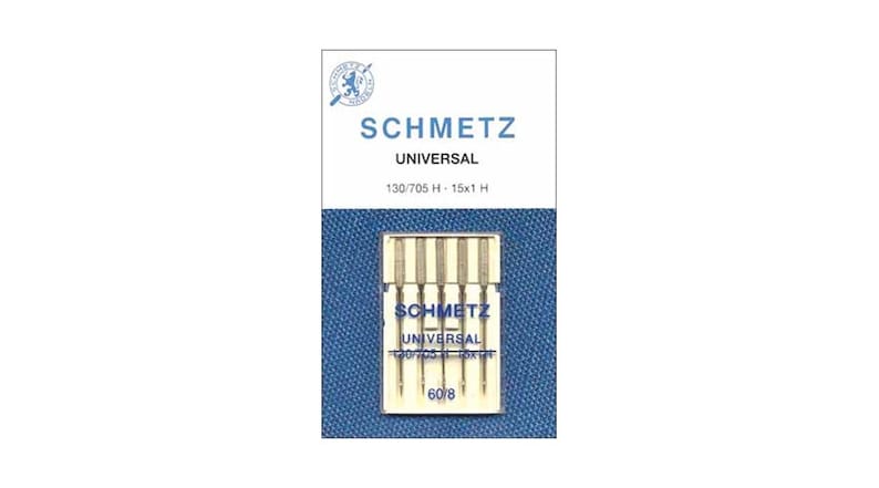 May include: A package of 60/8 size sewing machine needles, labeled "Schmetz Universal 130/705 H - 1.5x1 H". The needles are silver and are packaged in a clear plastic case with a blue background.