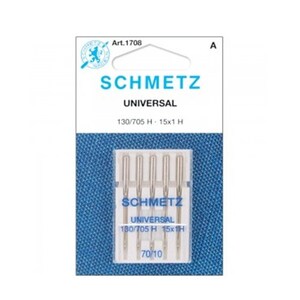 May include: A package of 15 Schmetz Universal sewing machine needles, size 130/705 H, in a clear plastic case with a blue and white label. The label reads "Schmetz Universal 130/705 H - 15x1 H 70/10".