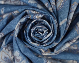 Printed Stretch Cotton Jersey Blue Multi Fabric (Remnant-140cmx125cm) Fashion Fabric Apparel Fabric Quilting Fabric Clothing Fabric