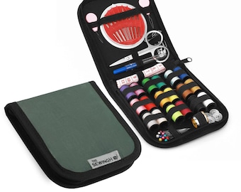 Green Basic Sewing Kit, Compact Travel Pouch, 72 Piece Haberdashery Set for Beginners, Home Repairs - The Sewing HQ