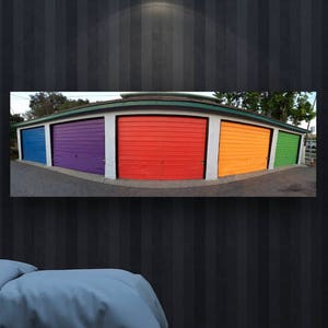Five colored garage doors in Pasadena, California. Wall art. Panorama. Great for a pop of color on the wall. Contemporary. Digital Download.
