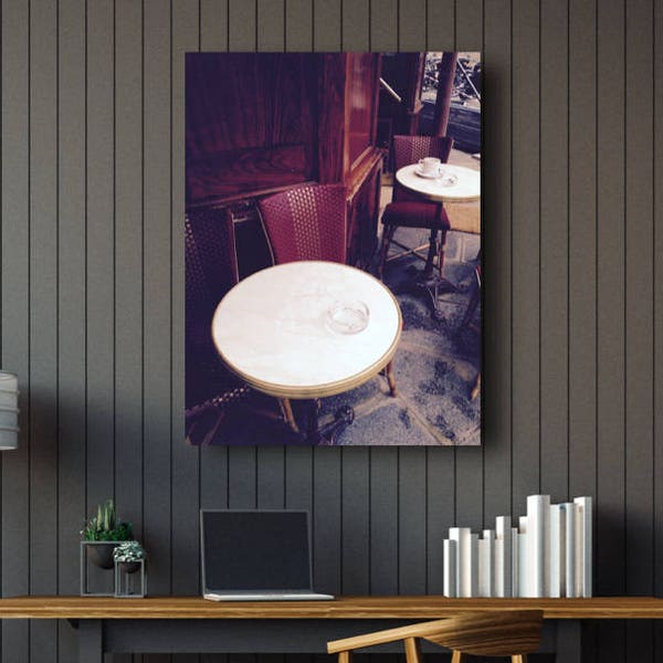 Paris Photography. Cafe coffee table with burgundy chairs and ash-tray, Rue des Francs Bourgeois, Paris, France. Travel. Digital Download.