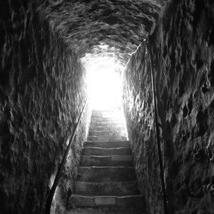 Oxford Castle Mound looking up the stairs from inside the siege mound, Oxford, UK. Black and White. Wall Art. Travel photo. Digital Download