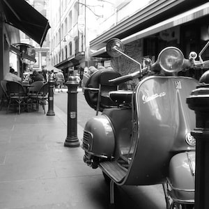 Italian Vespa scooter on cosmopolitan Degraves St, Melbourne, Australia. Black and White. Travel photo. Digital Download.