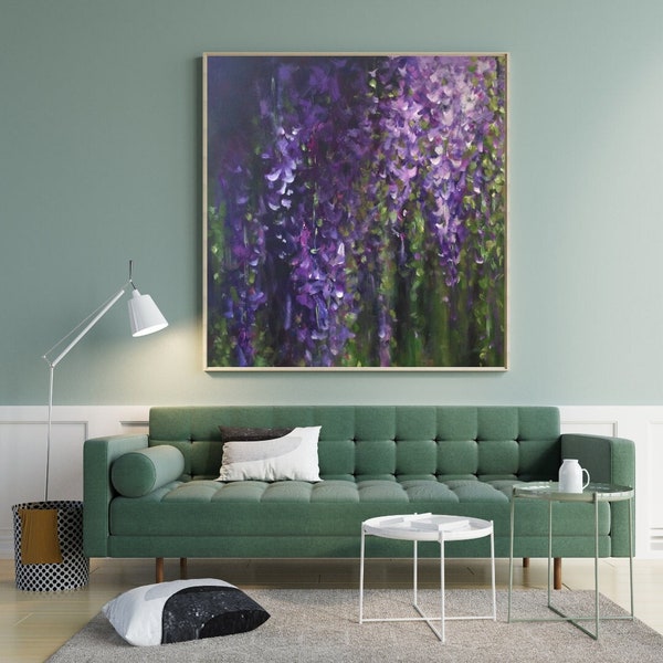 AUFTRAG "Wisteria" Acryl Gemälde Blumen abstrakt | Größe wählbar | Unikat Leinwand Bild Grün Lila Malerei Kunst Blumen Flieder Blauregen