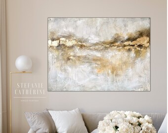 AUFTRAG „Opulence“ Acryl Gemälde abstrakt | Stefanie Cathérine | Unikat Leinwand Bild Gold Beige Weiß Blattgold Malerei Kunst Wandkunst