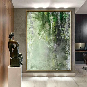 COMMISSIE &quot;Green Entrance&quot; Acryl schilderij Abstract | Selecteerbare maat | Groen Zilver Uniek Canvas Schilderij Grijs Tuin Bos Grijs Schilderij Kunst