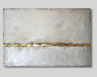 PURITY Acrylic Painting Abstract 120x80x4cm White Beige Cream Canvas Art Painting Wall Picture Unique Gold Leaf Golden Minimalist Wallart