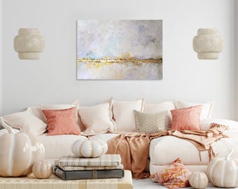 GOLDEN SPRING acrylic painting 100 x 70 cm abstract canvas art original painting beige gold gold leaf unique picture colorful minimalist pink blue