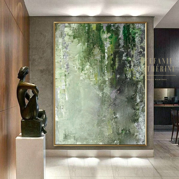COMMANDEZ une peinture acrylique abstraite "Entrée Verte" | Taille sélectionnable | Vert Argent Unique Toile Image Gris Jardin Forêt Gris Peinture Art