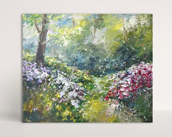 SPRING COTTAGE GARDEN Acrylic painting 50 x 60 cm impressionistic forest canvas art original painting picture unique landscape flowers garden