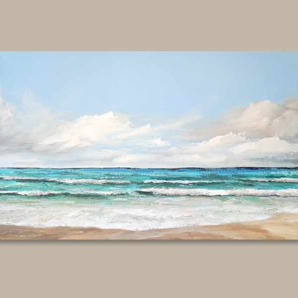 BRIGHT BEACH DAY painting sea 105 x 65 cm maritime canvas acrylic art beach coast impressionistic waves unique turquoise blue landscape