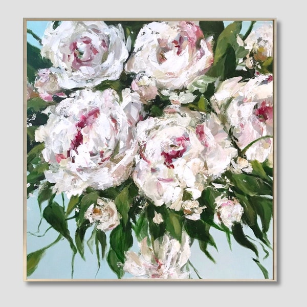 COMMISSION « Bouquet de pivoines » Peinture acrylique Pivoines | Taille sélectionnable | Image sur toile fleurs impressionnistes florales bouquet roses peinture blanche