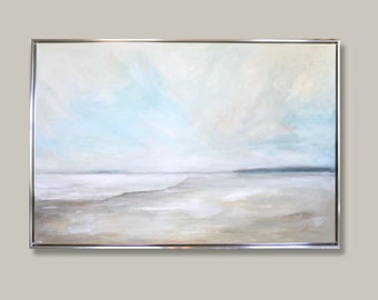 CALM BEACH Acrylic Painting Sea 155x105x4cm Framed Canvas XL Art Painting Beach Abstract Silver Maritime Wall Picture Landscape Blue Beige