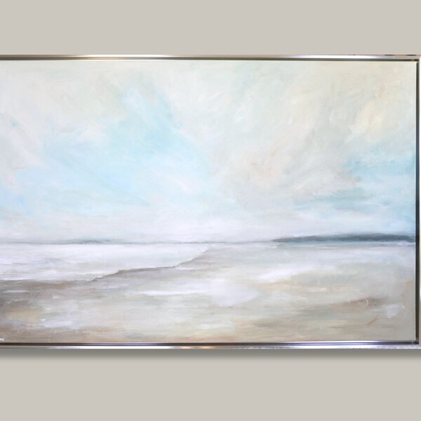 CALM BEACH Peinture acrylique Mer 155x105x4cm Toile encadrée XL Art Peinture Plage Abstrait Argent Maritime Mur Photo Paysage Bleu Beige